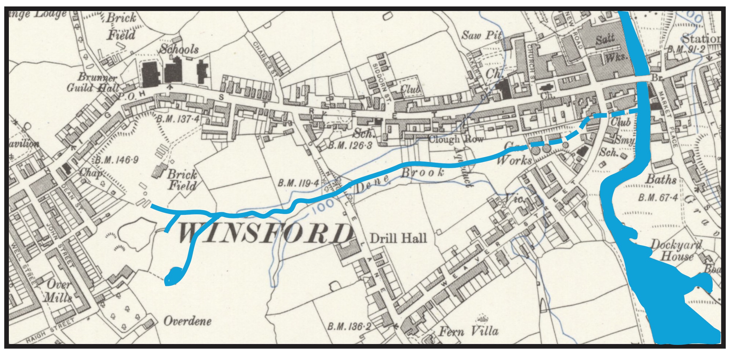 The Dene Brook flows through Winsford Town Park into the River Weaver. Dashed line shows
            the first section to be culverted, c.1857, when it was made to flow under the newly-built
            town gas works at the lower end of the clough. The brook remained visible in the upper part
            of the clough until 1973, when the remaining length was culverted. <br>
            <i>(Course traced from the OS Six-inch survey, 1908, and Winsford Annual Report, 1919.
          Reproduced with the permission of the National Library of Scotland.)</i>